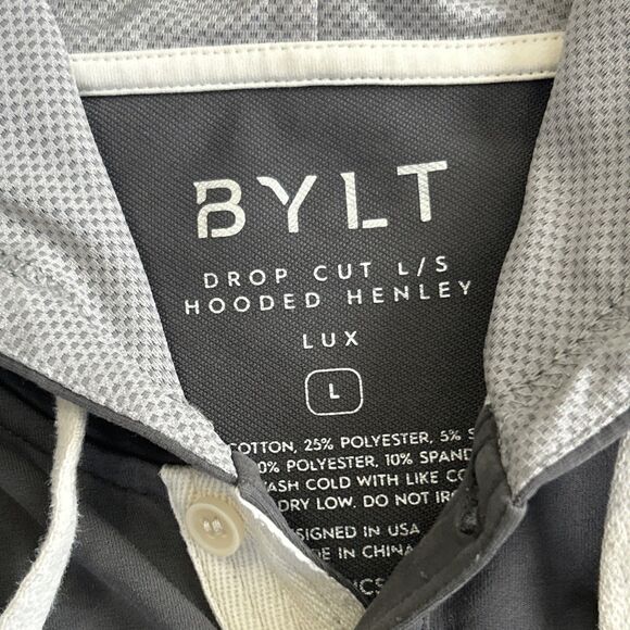 BYLT Hoodie Shirt Mens Large Drop Cut L/S Hooded Henley Lux Gray Cotton - Picture 3 of 8